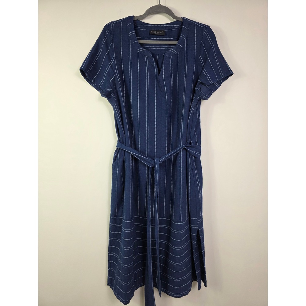 Lane Bryant Navy Blue Striped Midi Dress Size 12P Cotton Linen Pockets